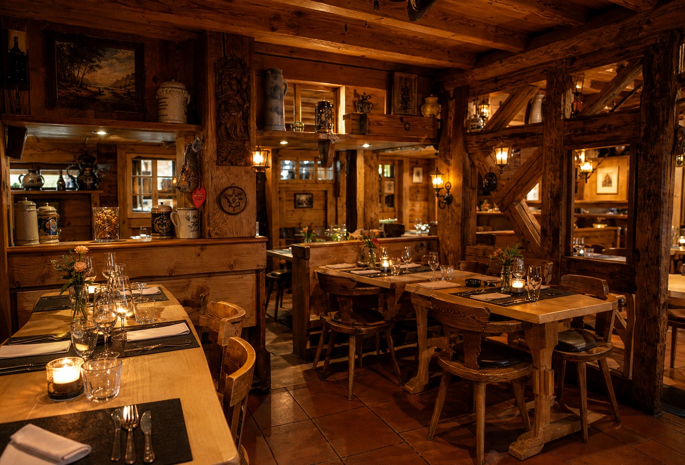 Warmer historischer Gasthaus Innenraum mit Holzdecke